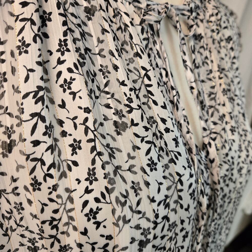Tamara H Womens Blouse Flutter Sleeve Ruffle Neck Black Gold White Floral 1X - Picture 5 of 11